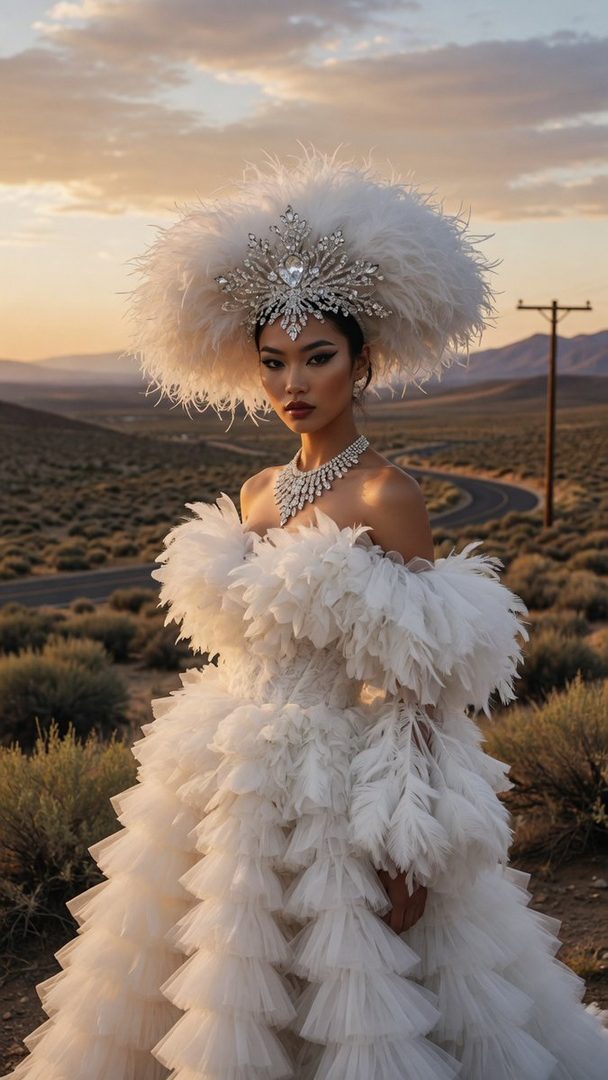 A woman in an elaborate white feathered and ruffled dress with a matching headpiece stands in a desert landscape at golden hour.