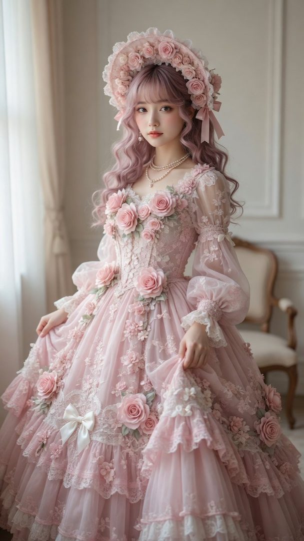 A young woman with long pink curly hair and a matching bonnet hat, wearing an elaborate pink Lolita-style dress adorned with roses and lace, standing indoors.