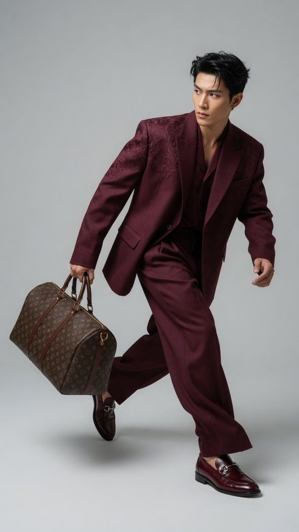 A handsome East Asian man in a burgundy suit and loafers carries a Louis Vuitton duffel bag in a studio fashion shot.