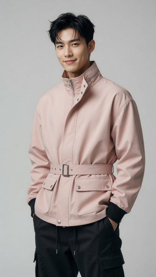 A handsome East Asian man in a light pink utility jacket and black cargo pants poses in a studio.