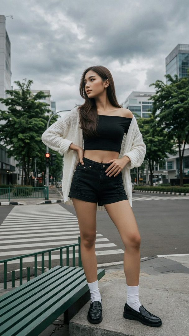 A young woman with long brown hair stands on a city street sidewalk, wearing a black crop top, black denim shorts, a white knit cardigan, white socks, and black loafers.