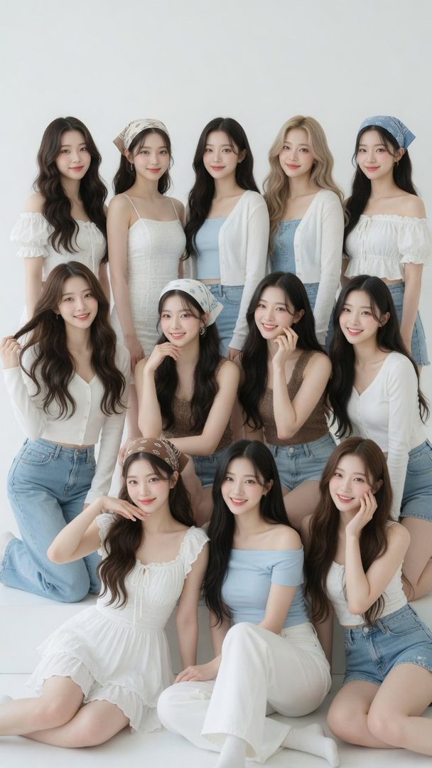 A group of twelve young East Asian women in coordinated pastel summer outfits pose in a studio.