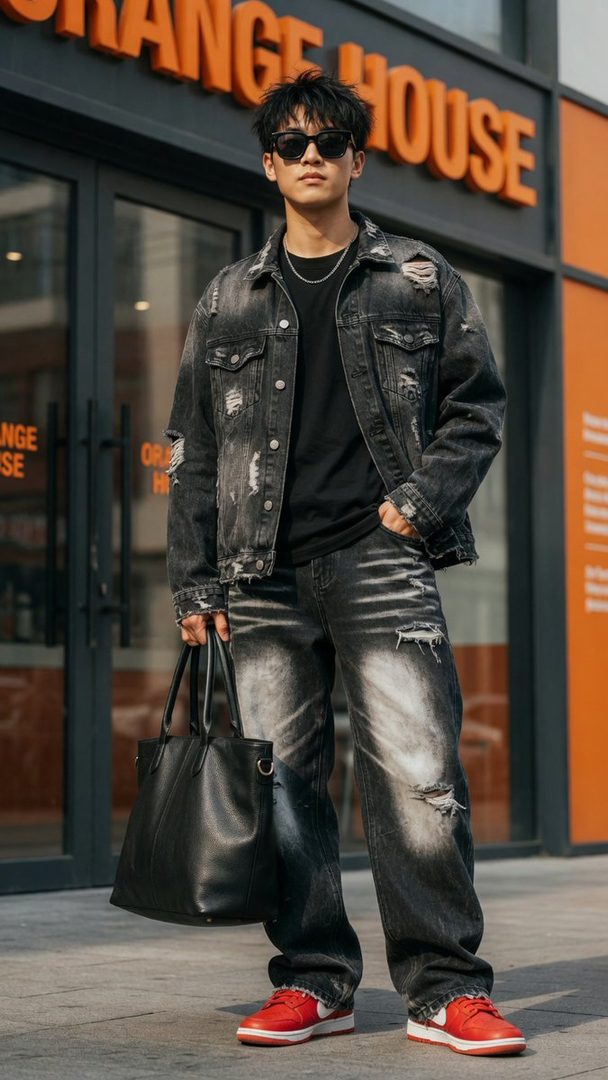 A stylish East Asian man in a distressed denim jacket and jeans, holding a black tote bag, stands on a city street in front of an orange building.