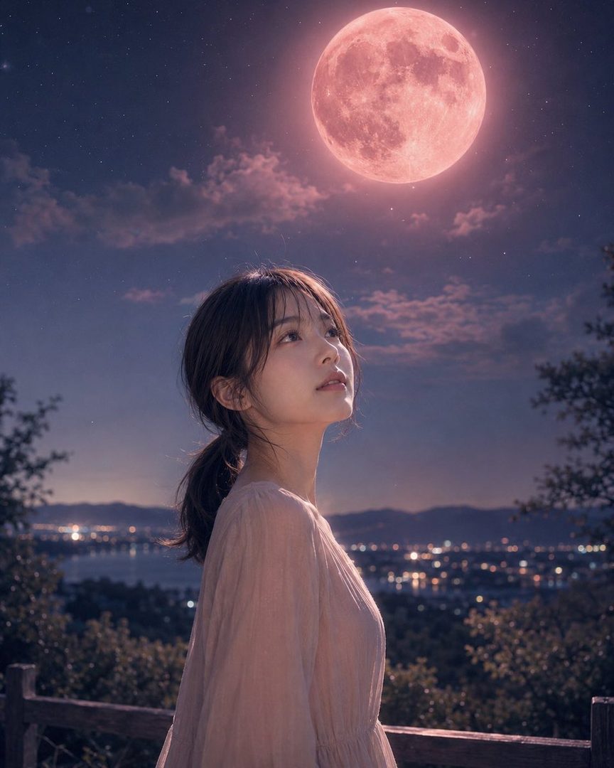 A young woman with brown hair in a ponytail looks up at a large, glowing pink moon in the night sky, with city lights in the background.