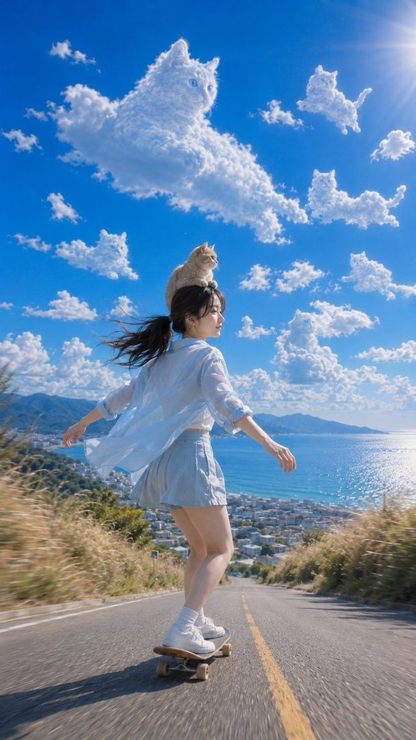 A young woman with a cat on her head skateboards down a hill overlooking a city and the ocean, with cat-shaped clouds in the blue sky.