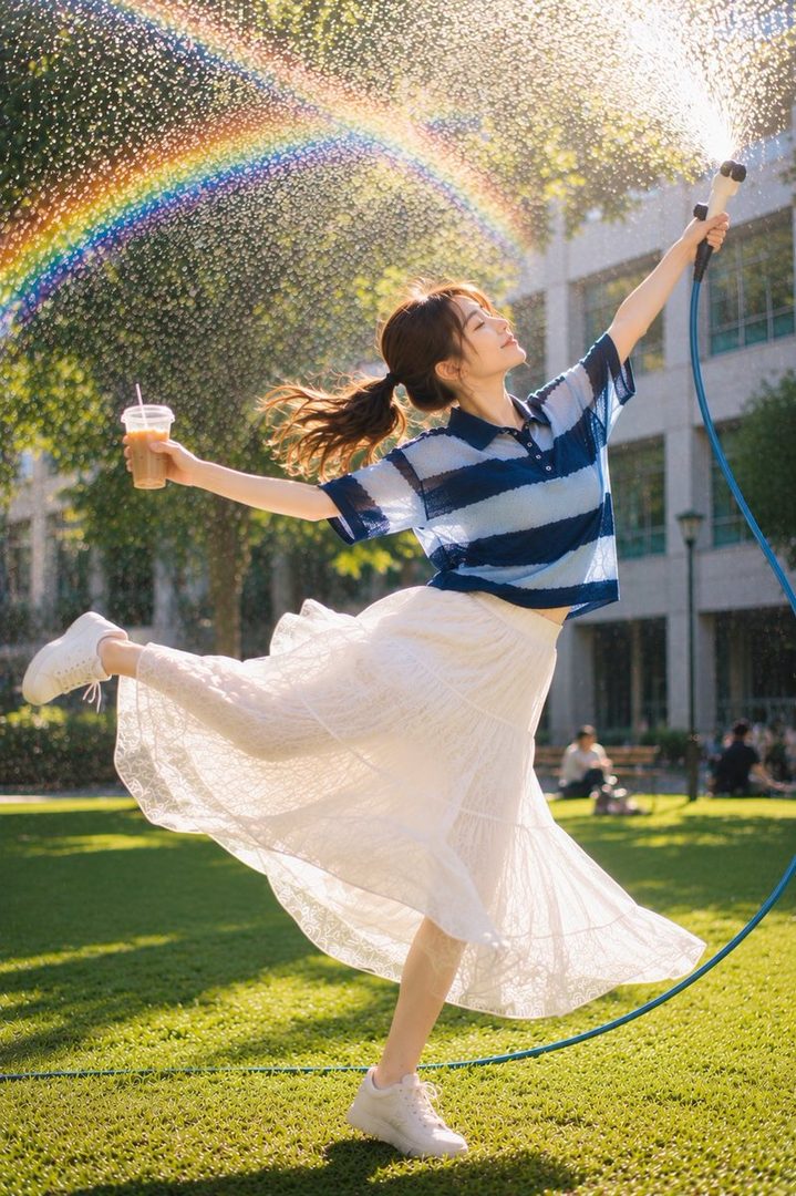 A young woman with a ponytail, wearing a striped blue shirt and white skirt, joyfully plays with a garden hose creating a rainbow in a sunny park while holding a drink.