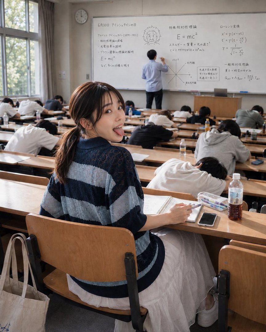 A young woman with a ponytail in a striped knit top and white skirt sits at a desk in a classroom, looking back at the camera with her tongue out, while a teacher writes on a whiteboard and other students sleep.