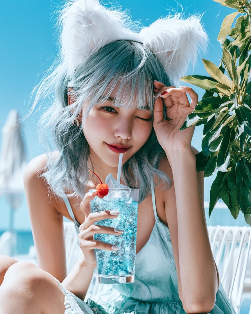 A young woman with blue hair and cat ears winks while holding a blue drink outdoors.