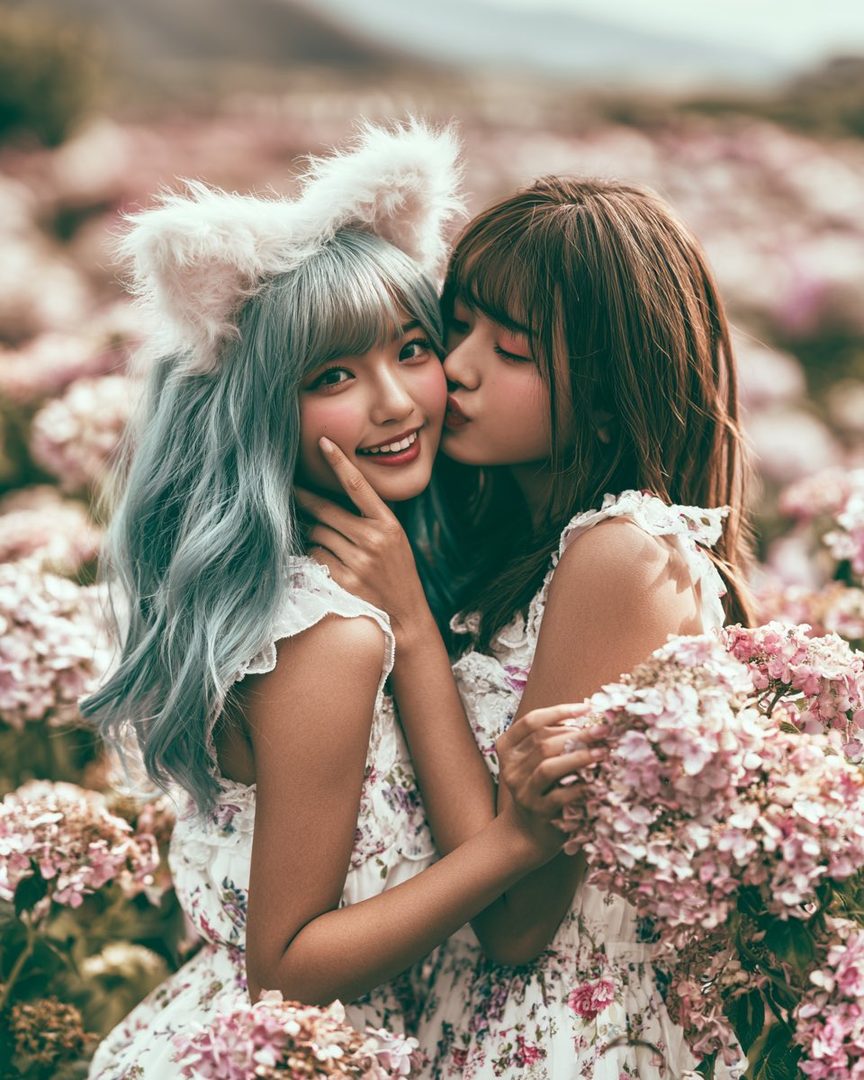 Two young women in floral dresses pose affectionately in a field of pink flowers, one with blue hair and cat ears being kissed on the cheek by the other.