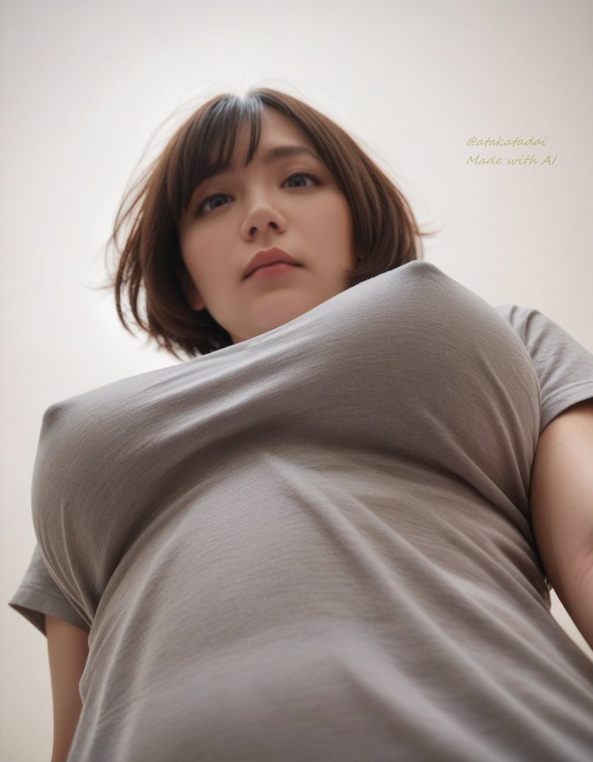 A photorealistic portrait of a woman with short brown hair, looking down at the viewer from a low angle, wearing a tight grey t-shirt.