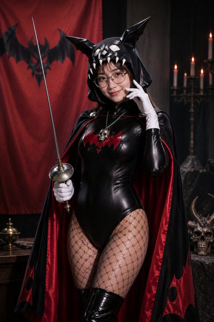 A woman in a black and red bat-themed costume with a skull helmet and fishnet stockings holds a sword in an indoor setting.