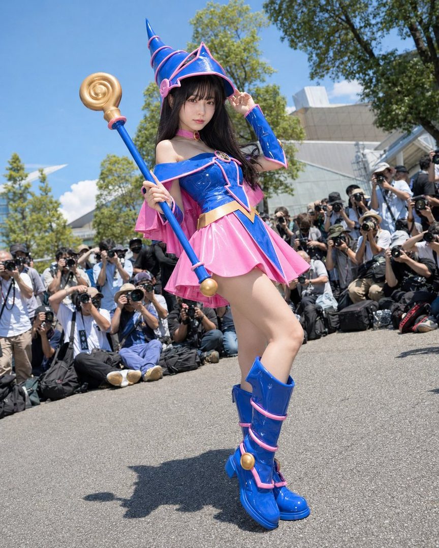 A woman in a blue and pink Dark Magician Girl cosplay costume poses outdoors, holding a staff, with photographers in the background.