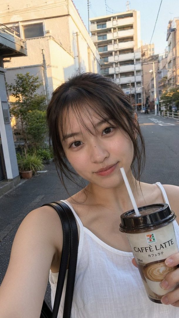A young woman takes a selfie on a city street, holding a cup of iced coffee.