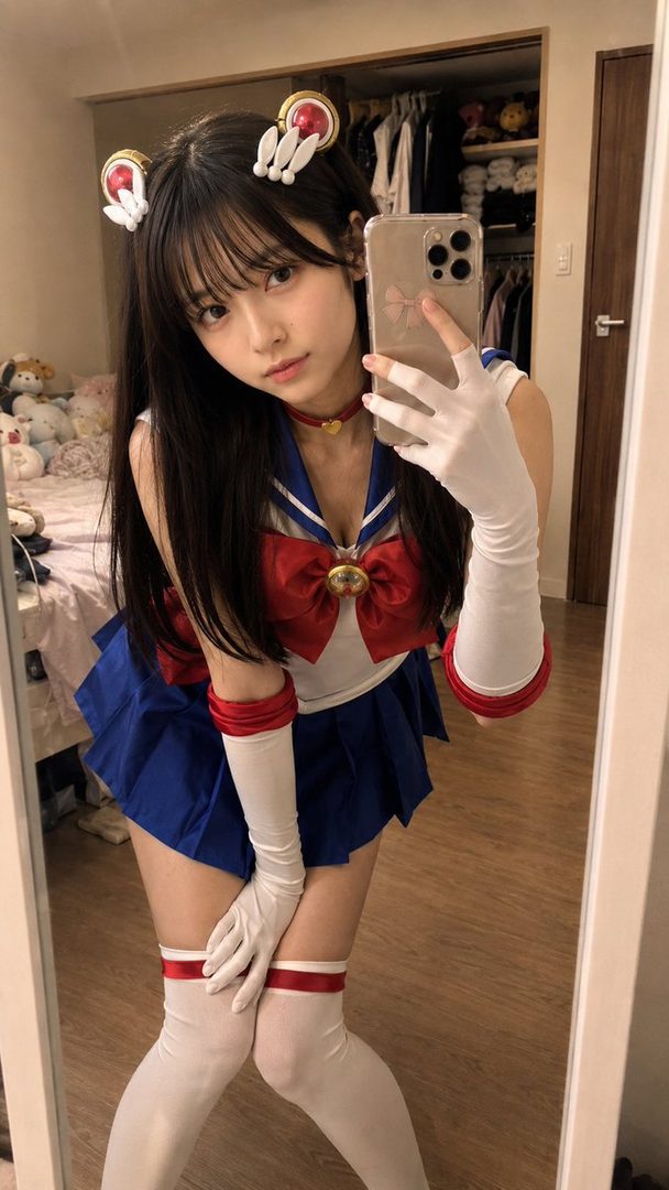 A young woman in a Sailor Moon cosplay costume takes a mirror selfie indoors.