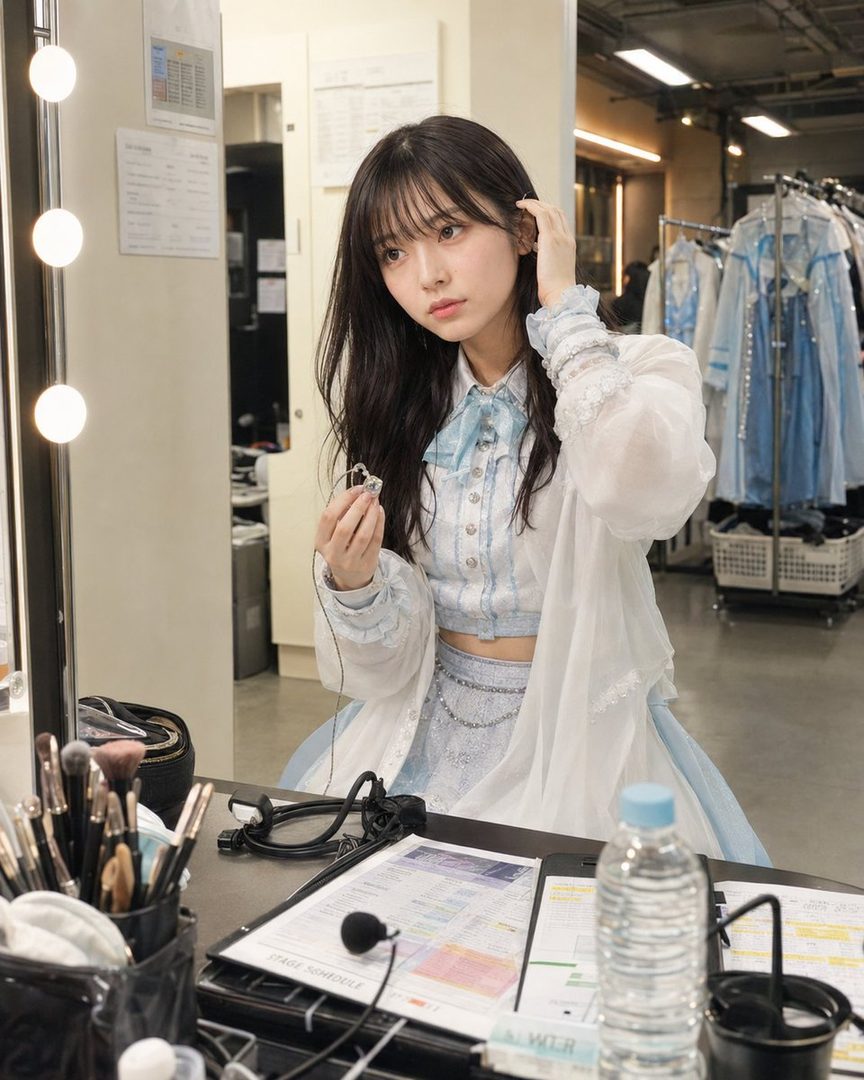 A young woman with long black hair and bangs, wearing a white and light blue outfit, is looking into a mirror in what appears to be a dressing room.