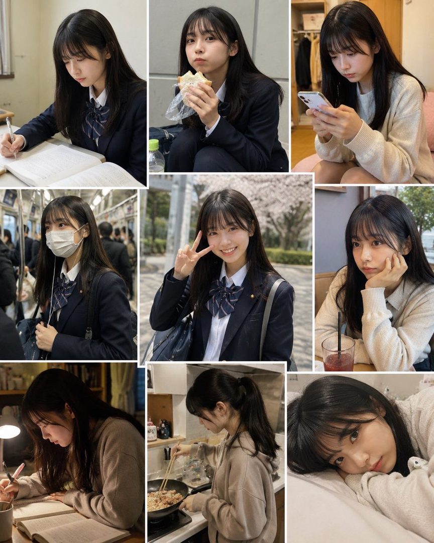A collage of a young East Asian woman in various daily life scenes, including studying, eating, using a phone, commuting, and cooking.