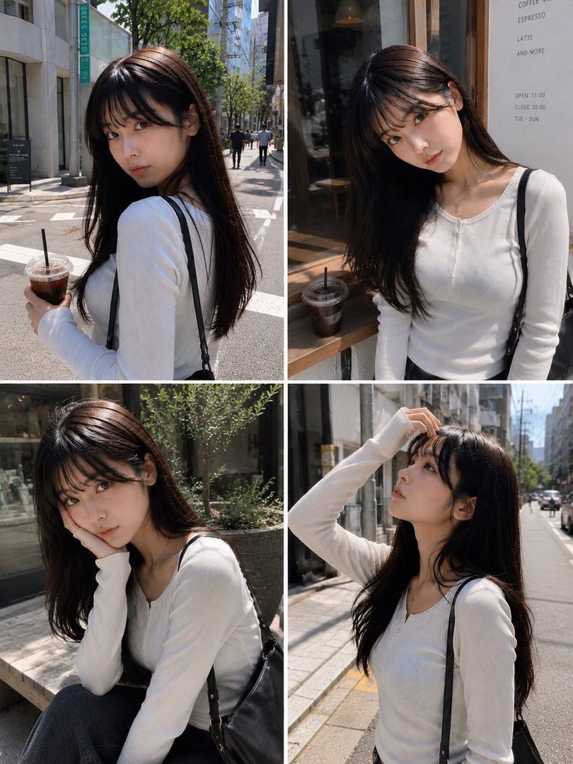 A young woman with long black hair and bangs, wearing a white long-sleeved top, poses in various street and cafe settings.