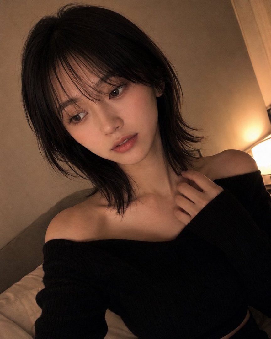 A photorealistic AI-generated portrait of a young woman with short black hair and bangs, wearing an off-the-shoulder black top, looking down softly in an indoor setting.