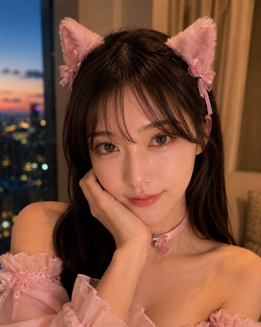 A woman with long brown hair and bangs wears pink cat ears and a pink off-the-shoulder top, posing indoors with a city night view in the background.