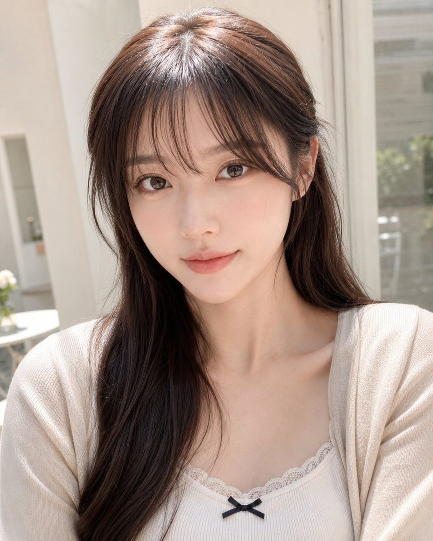 A photorealistic portrait of a young East Asian woman with long brown hair and bangs, wearing a light-colored knit top with a small black bow, looking directly at the camera with a gentle expression.