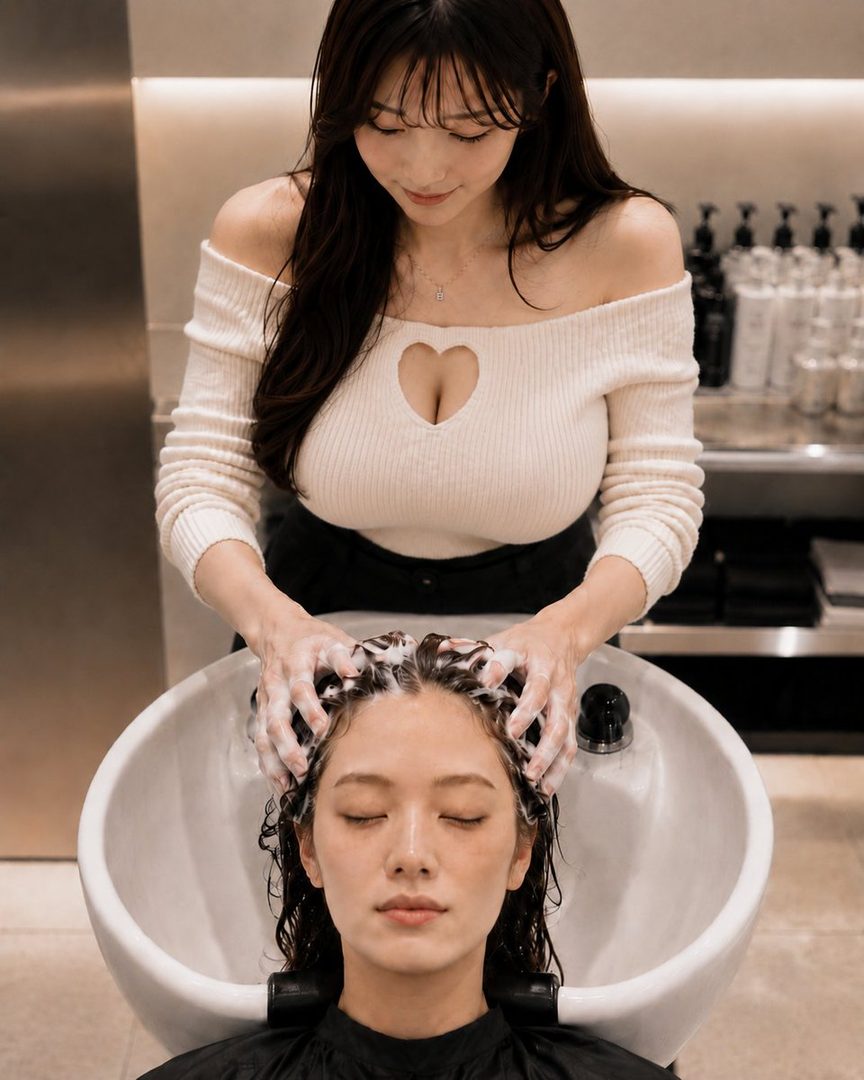 A woman with long brown hair is washing another woman's hair in a salon setting.