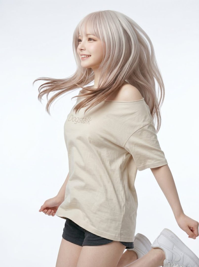 A smiling woman with long blonde hair and bangs, wearing an off-shoulder beige t-shirt and black shorts, captured in a dynamic pose against a white background.
