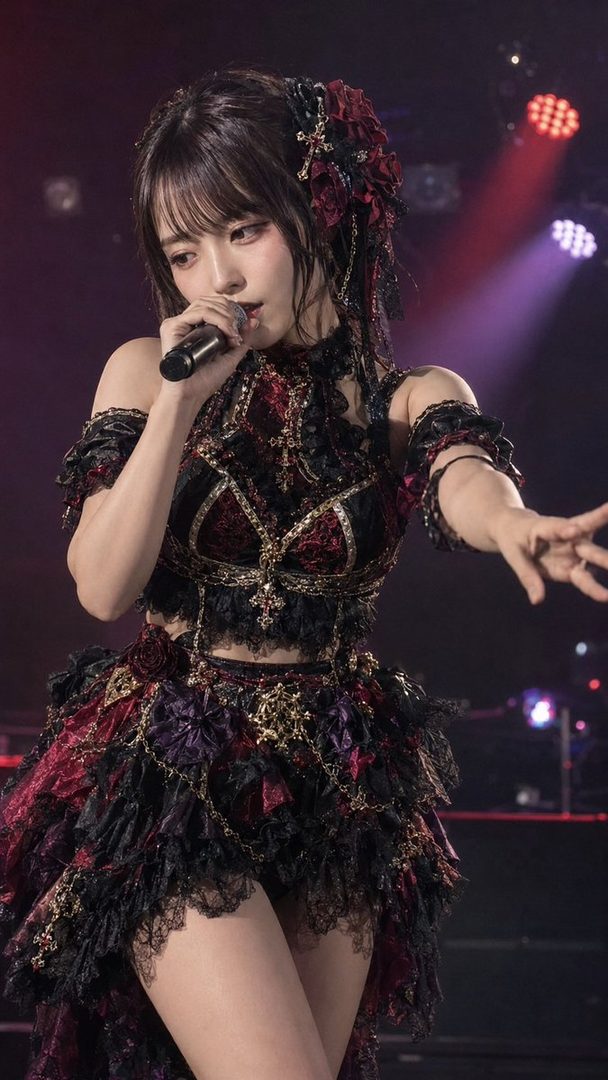 A Japanese idol performs on stage, wearing an elaborate black and red gothic-style dress with gold accents and holding a microphone.