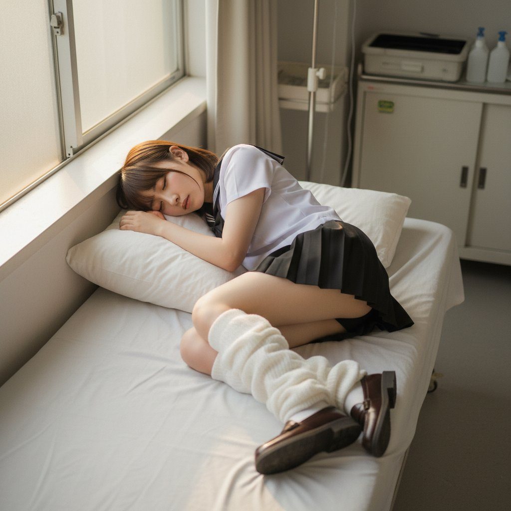 A young woman in a school uniform is sleeping peacefully on a bed next to a window.