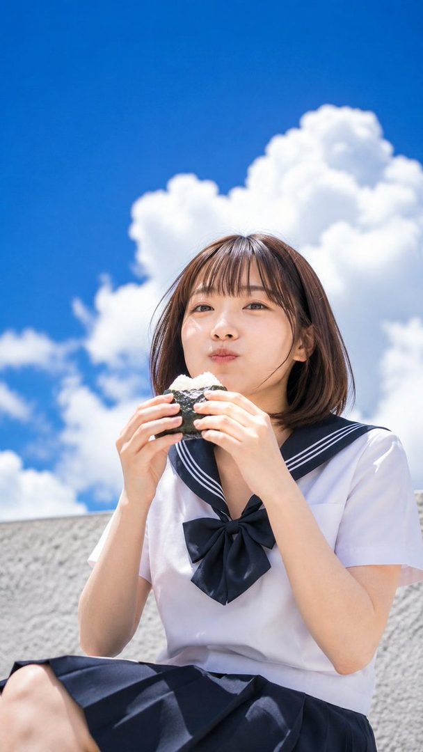 A young woman in a Japanese school uniform eats an onigiri under a bright blue sky with white clouds.