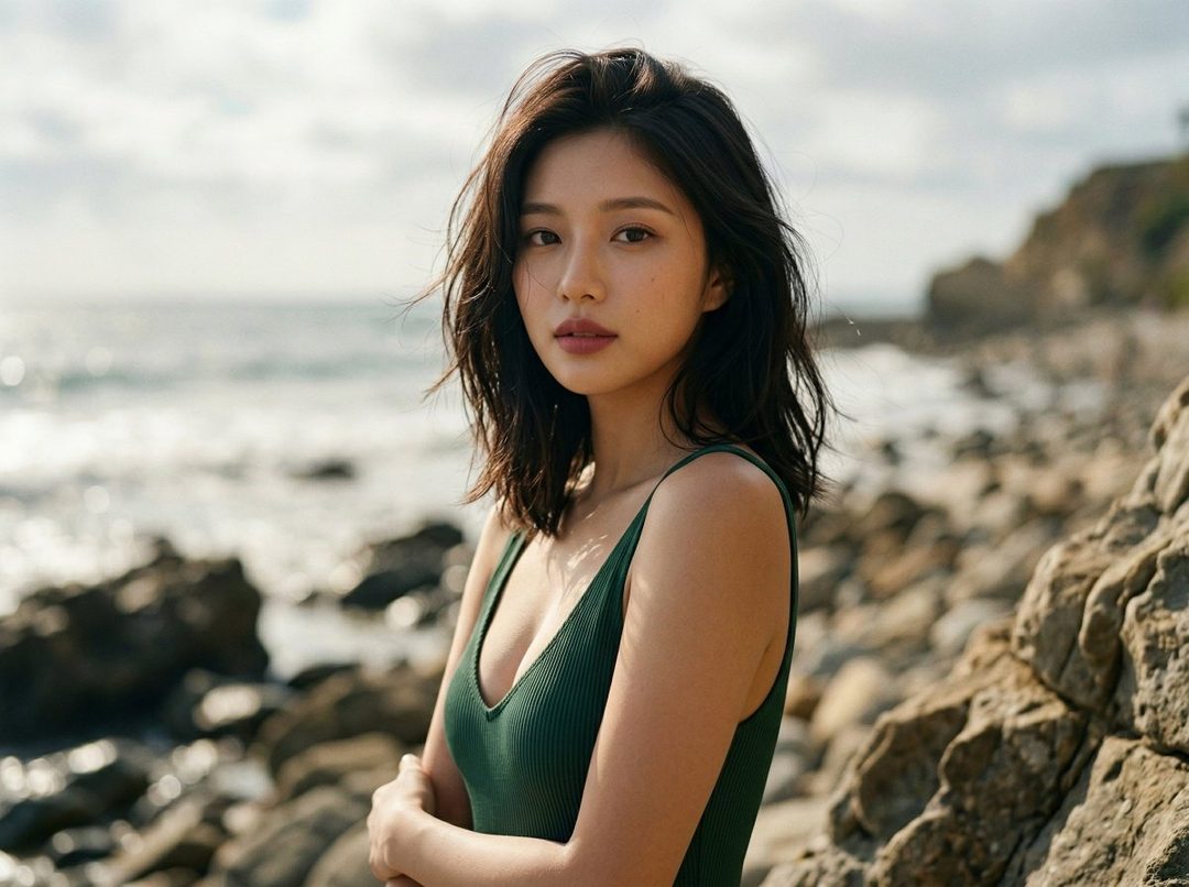 A young woman with dark hair in a green swimsuit poses on a rocky beach with the ocean in the background.