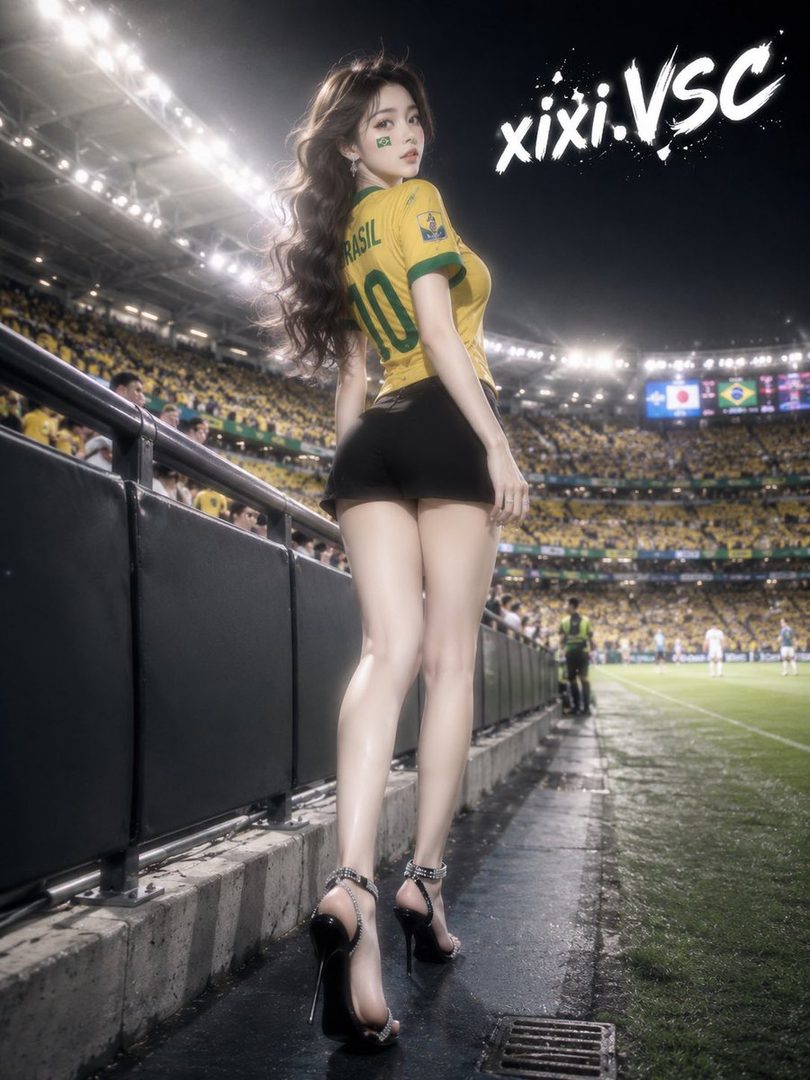 A woman in a Brazil soccer jersey and black shorts stands on the edge of a football field at night, looking over her shoulder.
