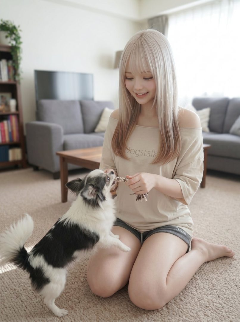 A smiling woman with long blonde hair kneels on a carpeted floor, playing with a small black and white dog in a cozy living room.