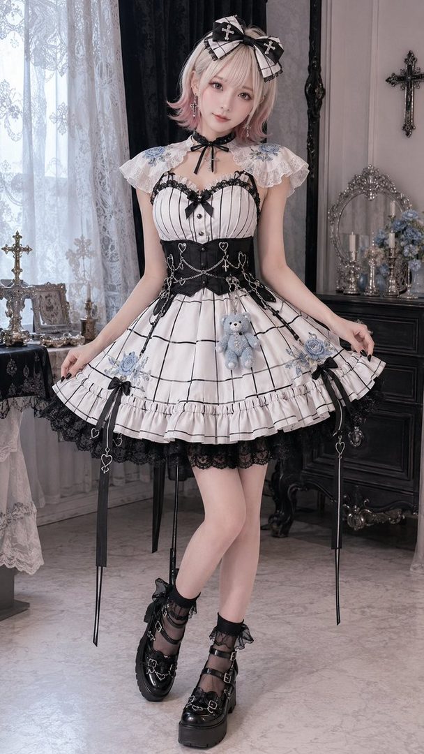 A young woman with blonde hair and pink streaks wears a black and white gothic lolita dress with a teddy bear charm, standing in an ornate room.