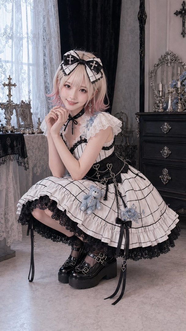 A cute girl with blonde hair and pink highlights, wearing a black and white gothic lolita dress, kneels indoors.