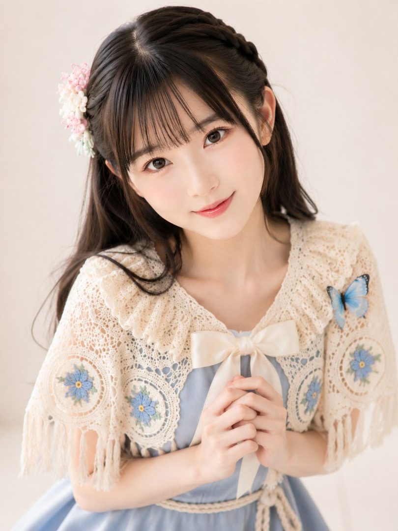 A young woman with long black hair and bangs, wearing a light blue dress and a crocheted shawl, poses indoors.