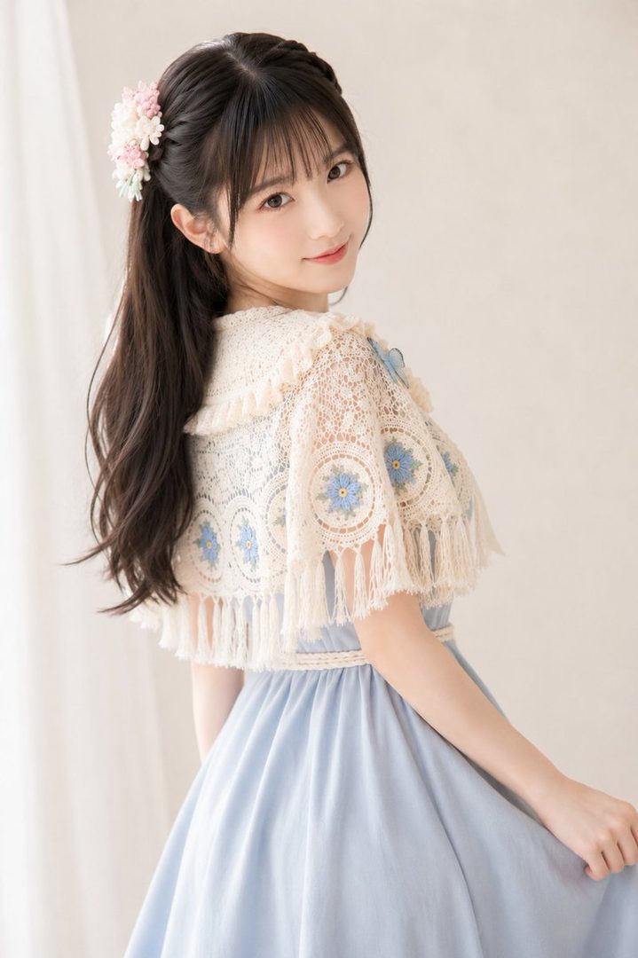 A young woman with long black hair and bangs, wearing a light blue dress and a white lace cape, looks over her shoulder with a gentle smile.
