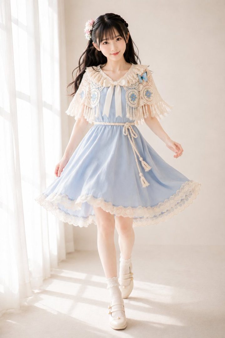 A young woman with long black hair and bangs, wearing a light blue dress with a white lace cape, stands indoors by a window.