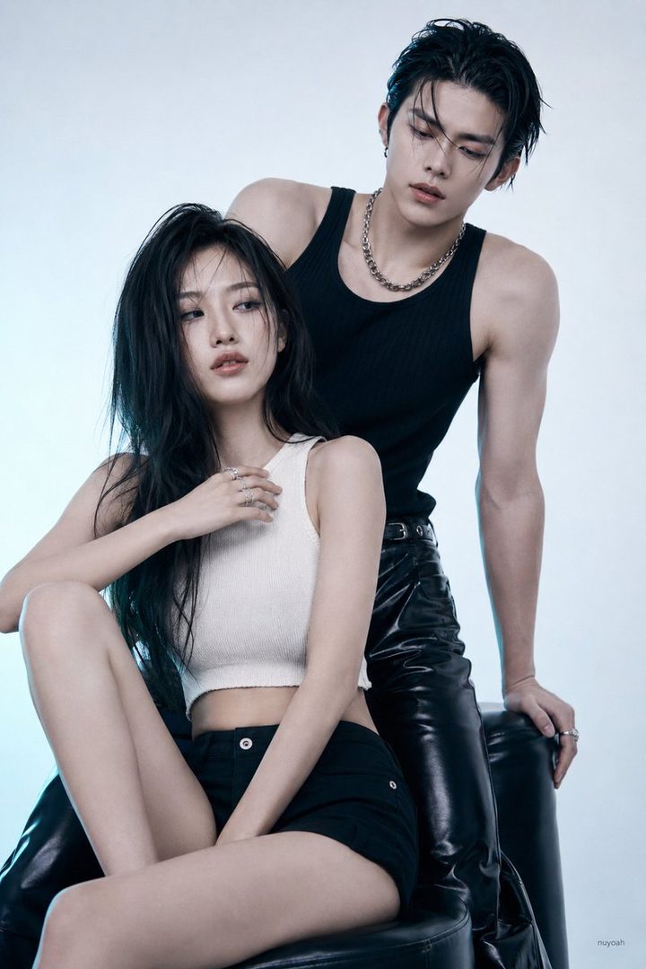 A photorealistic studio portrait of a young man and woman, both with black hair, posing in casual outfits.