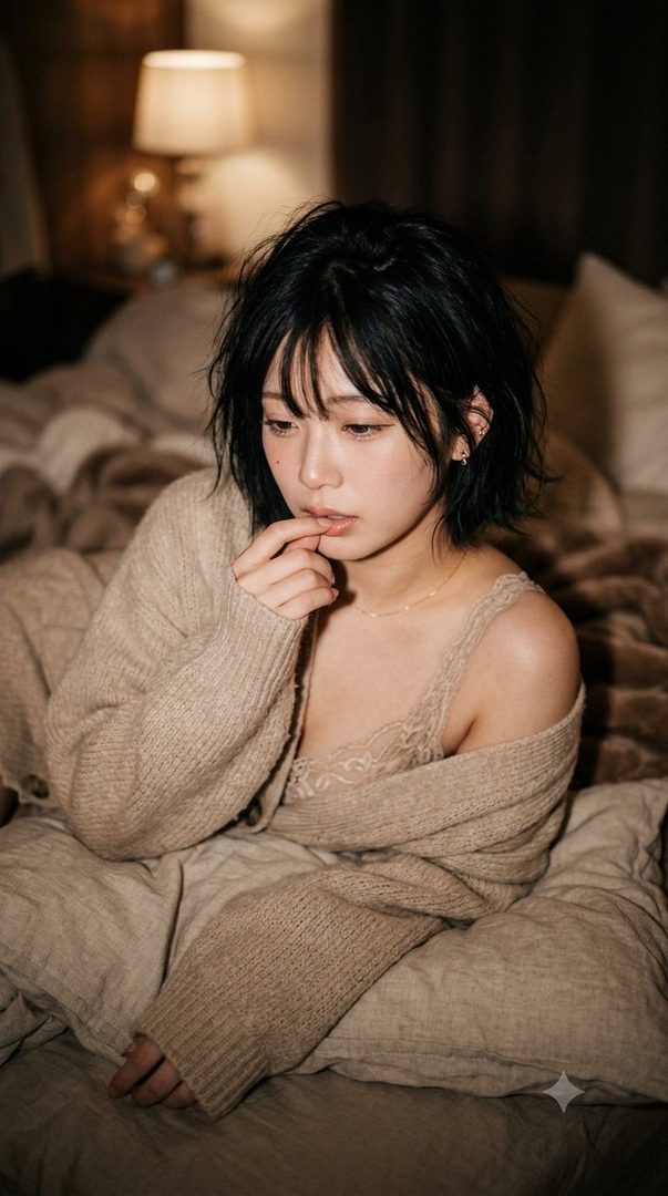 A young woman with short black hair and bangs, wearing a beige knit cardigan and a lace camisole, lies on a bed in a dimly lit room.