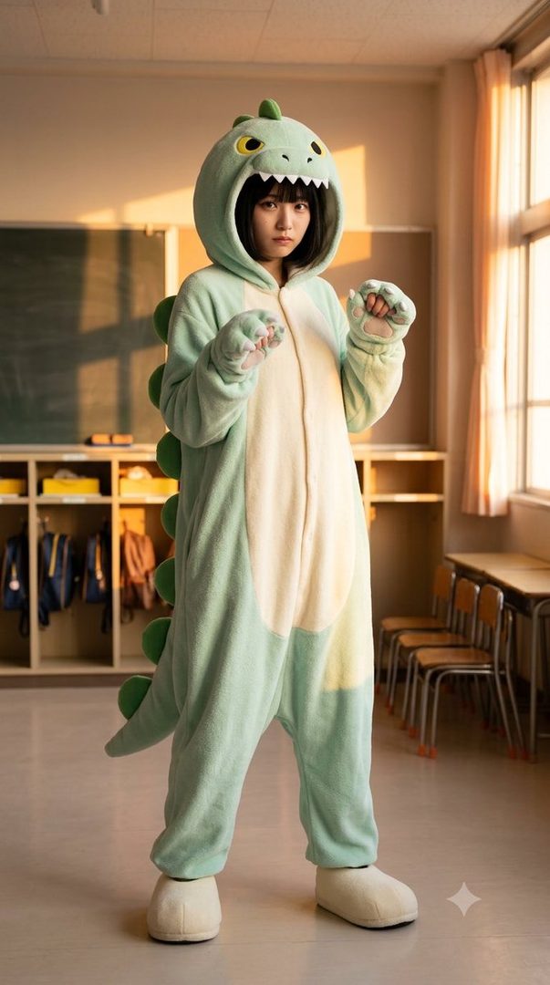 A young woman in a light green dinosaur kigurumi stands in a classroom, looking at the camera.