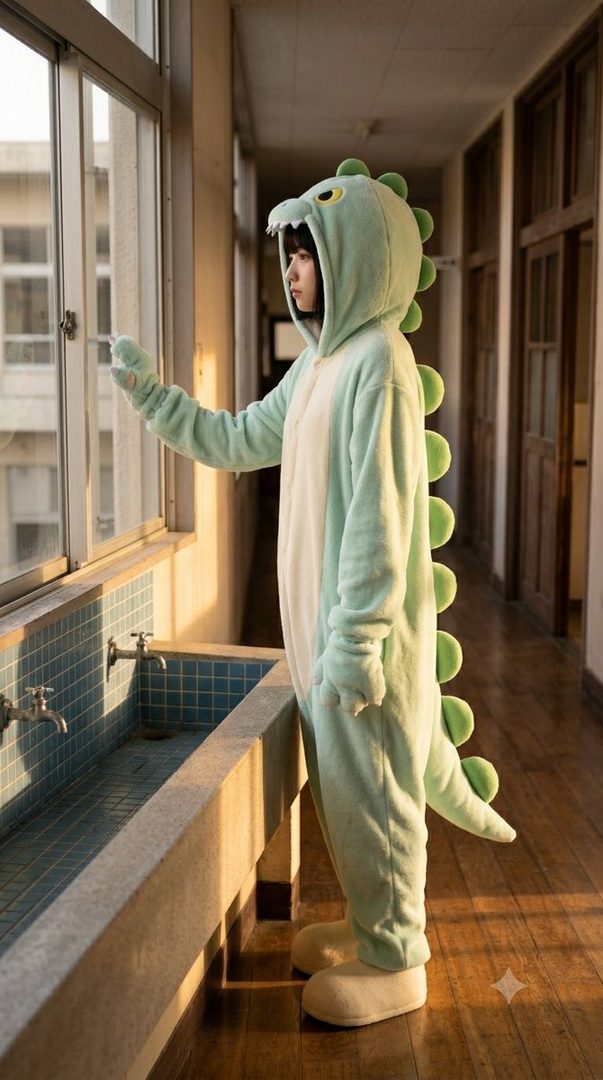 A person in a light green dinosaur kigurumi stands by a window in a school hallway, looking outside.