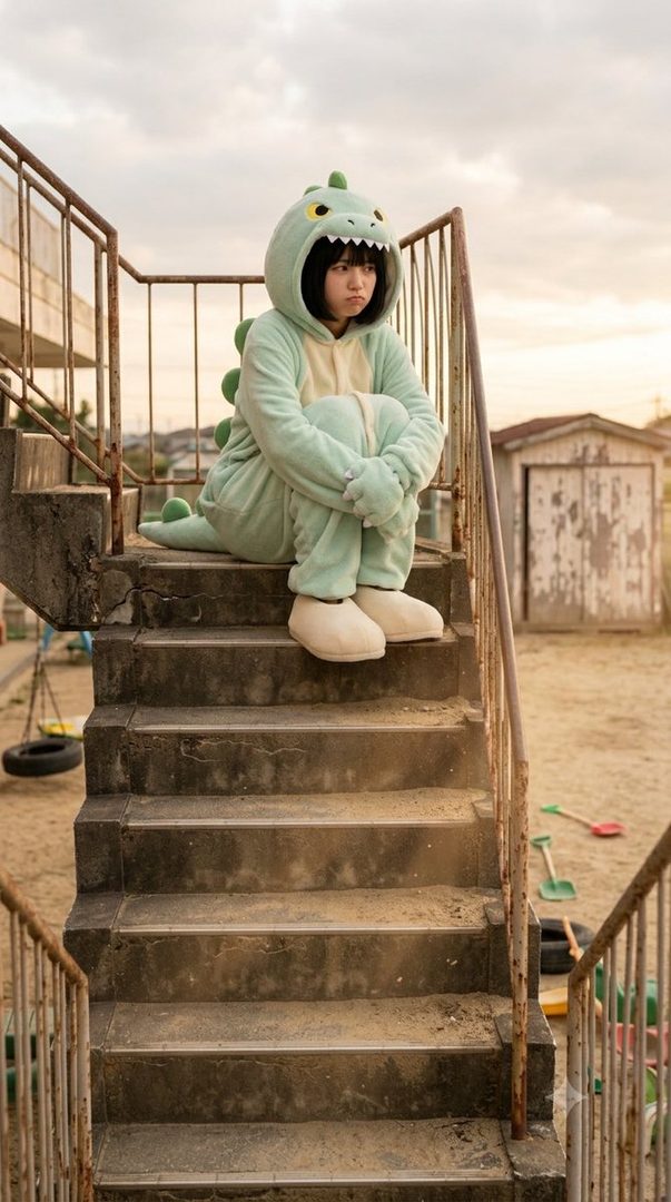 A young person in a green dinosaur kigurumi sits on concrete stairs outdoors, looking sad or pensive.