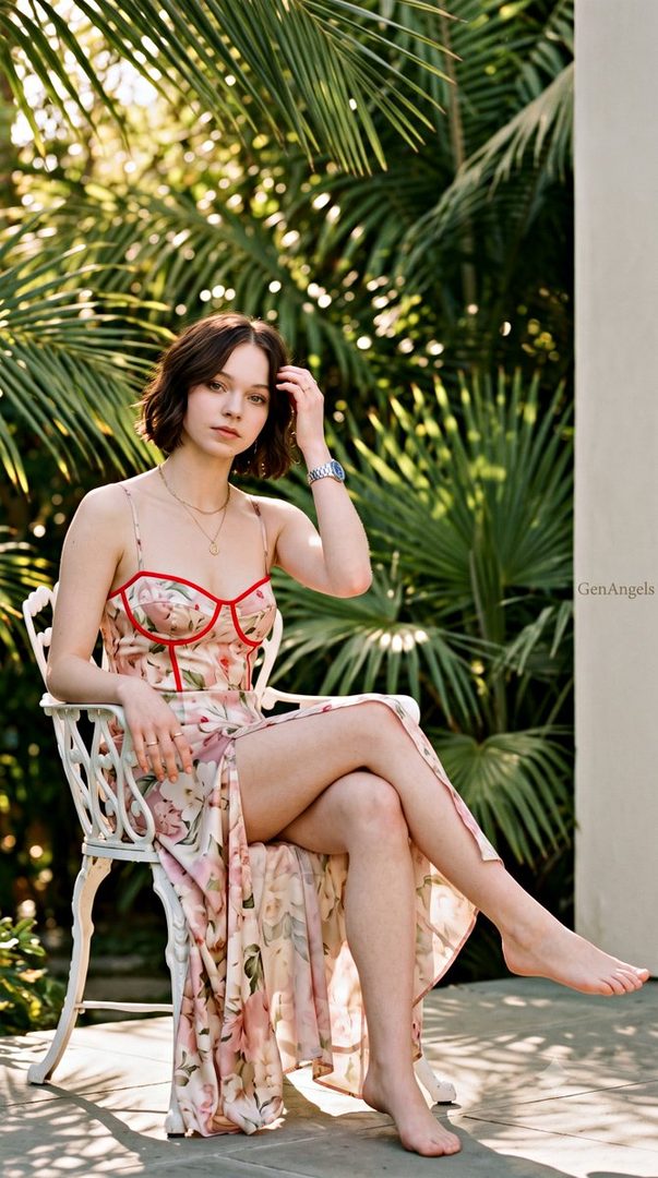 A young woman with short brown hair sits on a white chair outdoors, wearing a floral dress with red trim, surrounded by green palm leaves.