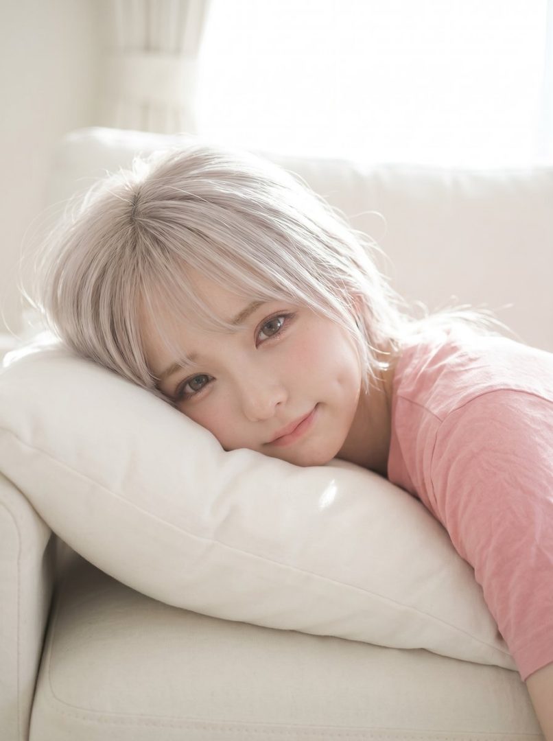 A young woman with platinum blonde hair and a pink t-shirt lies on a white pillow, looking softly at the camera with a gentle smile.