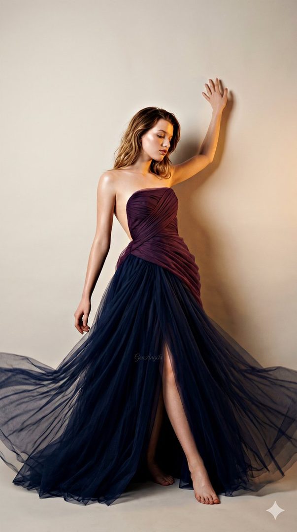 A woman in a flowing purple and dark blue strapless gown poses elegantly against a plain background.