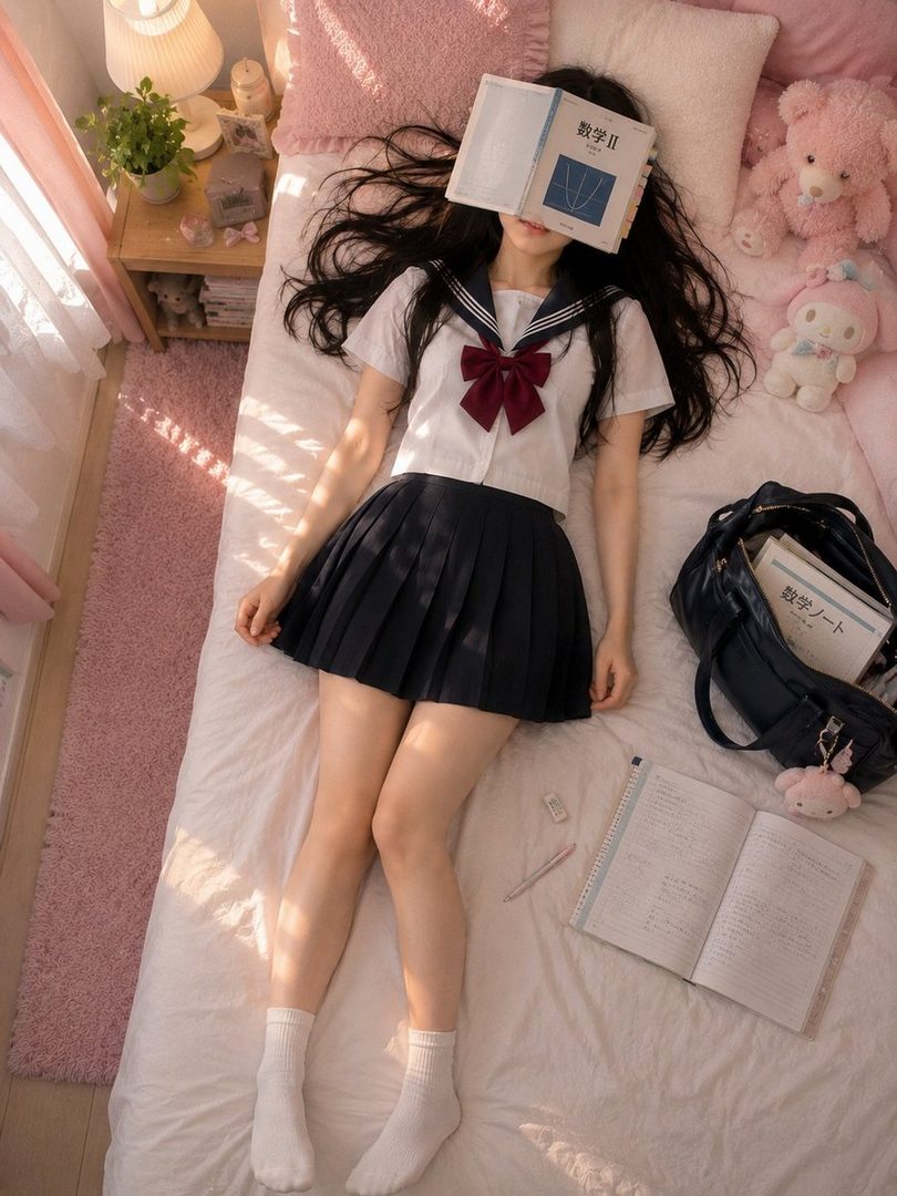 A young woman in a school uniform is lying on a bed with a textbook covering her face, appearing to have fallen asleep while studying.