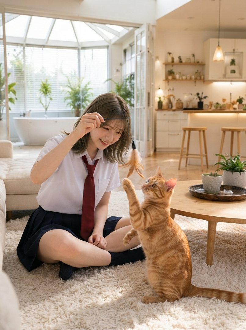 A young woman in a school uniform sits on a rug and plays with a ginger cat using a feather toy in a bright, modern living room.