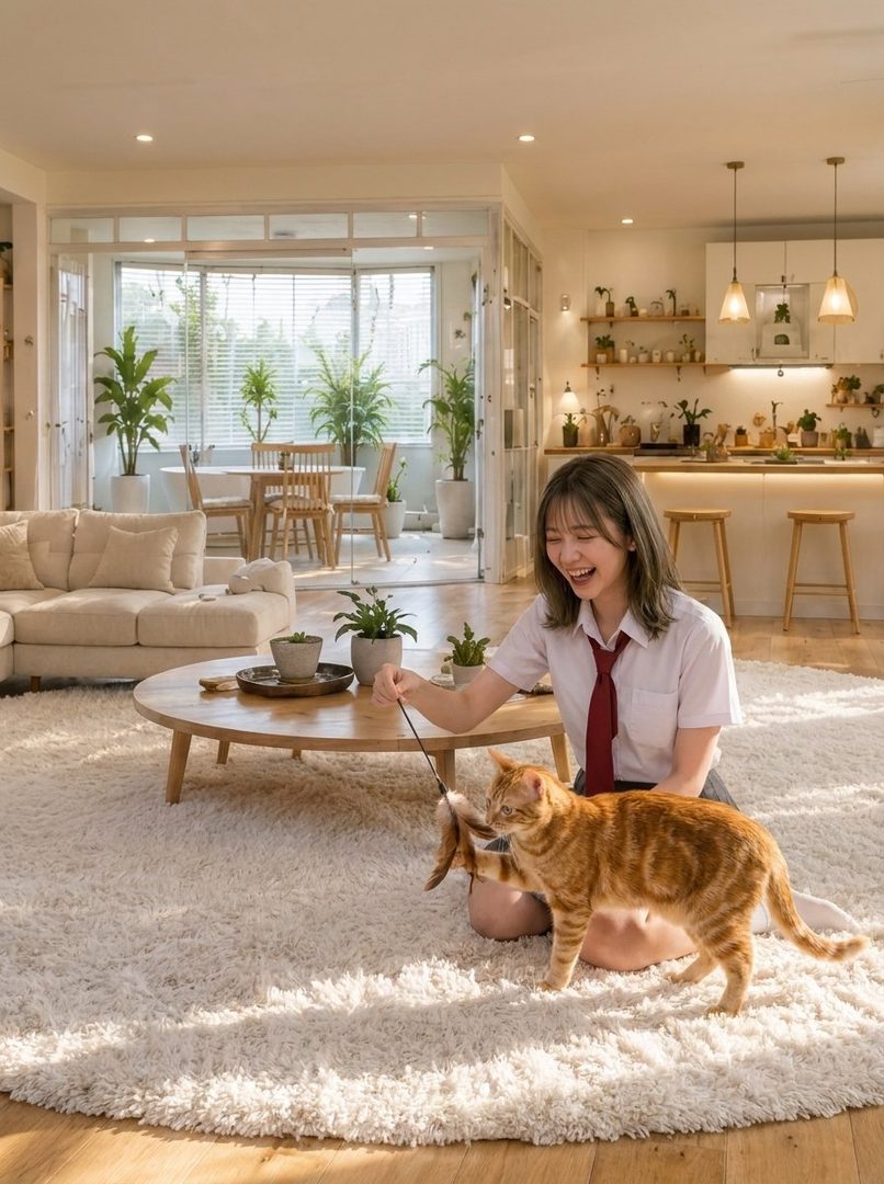 A young woman in a school uniform plays with an orange cat on a white rug in a bright, modern living room.