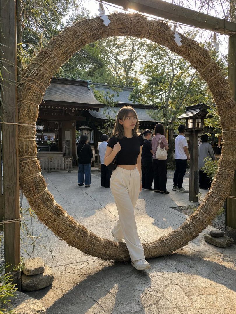 A young woman with brown hair and bangs, wearing a black crop top and white pants, walks through a large straw ring at a Japanese shrine during the daytime.