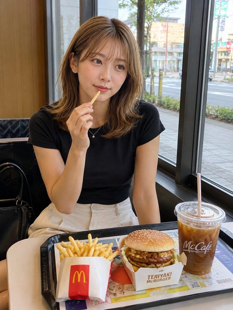 A young woman with brown hair is sitting at a table in a McDonald's, eating french fries and a burger.